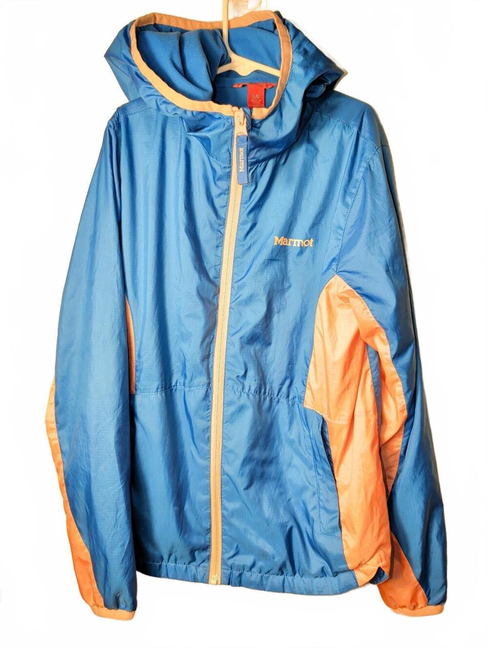 Marmot Girls Hooded Windbreaker Jacket Size Large Blue Pink Granola Girl Outdoor